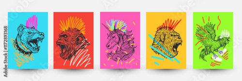 Abstract pop art backgrounds in modern fashion style. Creative vector illustration with animals and doodle elements. Dog, monkey, rooster, unicorn. Design collage for print cards, covers, posters.
