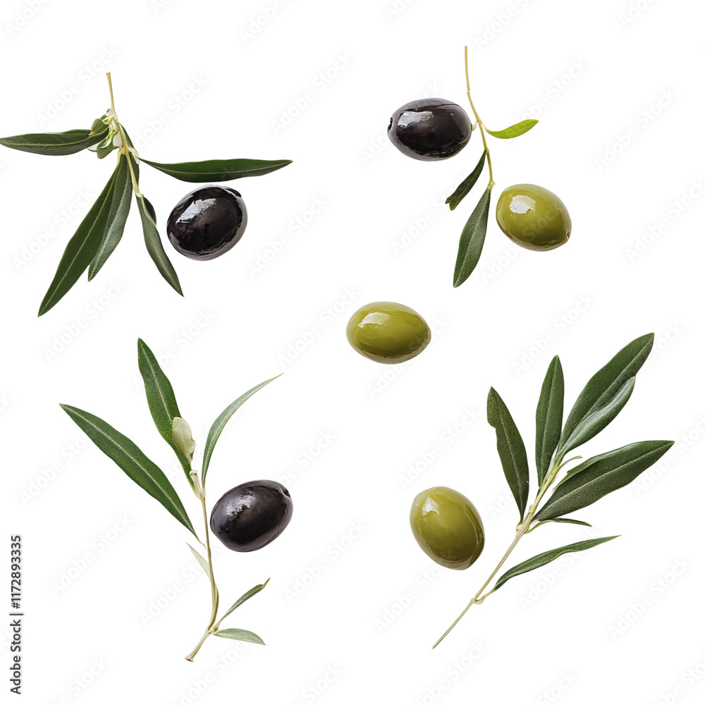 Olive Branch Bounty: An assortment of olive branches, showcasing both ripe black and green olives, rests peacefully, the image captures the natural and fresh harvest season.
