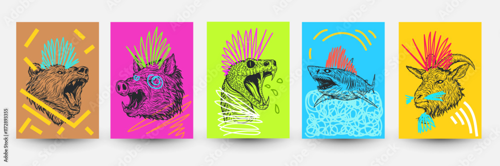Fototapeta Abstract pop art backgrounds in modern fashion style. Creative vector illustration with animals and doodle elements. Bear, hog, snake, shark, hog. Design collage for print cards, covers, posters.