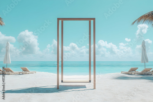 Wallpaper Mural Serene beach scene with a minimalist wooden frame, inviting relaxation and tranquility. Perfect for travel, vacation, or summer themes. Torontodigital.ca