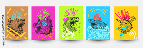 Abstract pop art backgrounds in modern fashion style. Creative vector illustration with animals and doodle elements. Bear, hog, snake, shark, hog. Design collage for print cards, covers, posters.