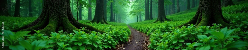 Overgrown path winding through the overcast green forest, forest floor, wild growth Overgrown path winding through the overcast green forest, forest floor, wild growth