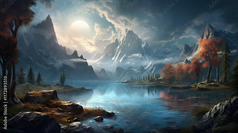 A natural landscape view with a lake and rock mountains