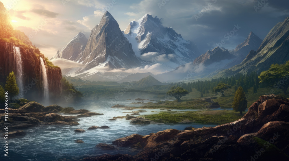 A natural landscape view with a waterfall, river, and rock mountains