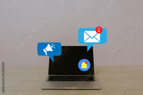 Digital marketing,Online communication,Notification,E-mail incoming concept.,Laptop interface featuring online notifications, email alerts, and a megaphone icon representing digital connectivity.