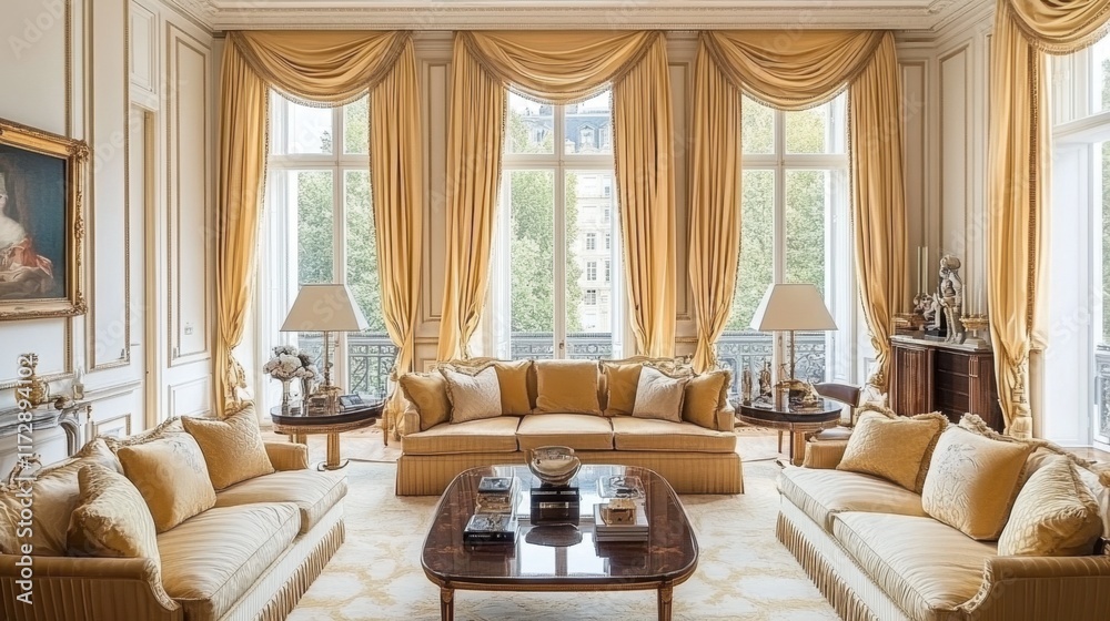 Fototapeta premium An elegant living room with gold-accented furniture, plush cushions, and soft drapery fit for royalty.