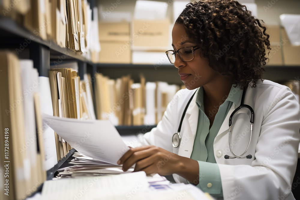 Woman healthcare administrator organizing patient records in a medical office. Generative AI