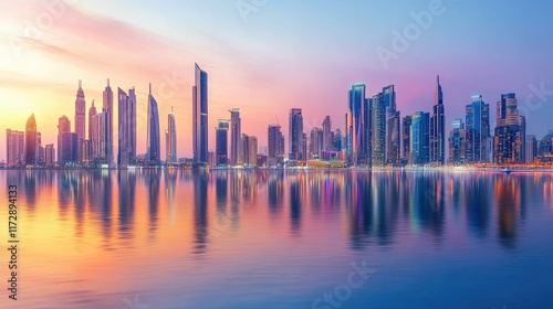 A vibrant city skyline reflects in calm waters during sunset, showcasing modern architecture and a serene atmosphere.