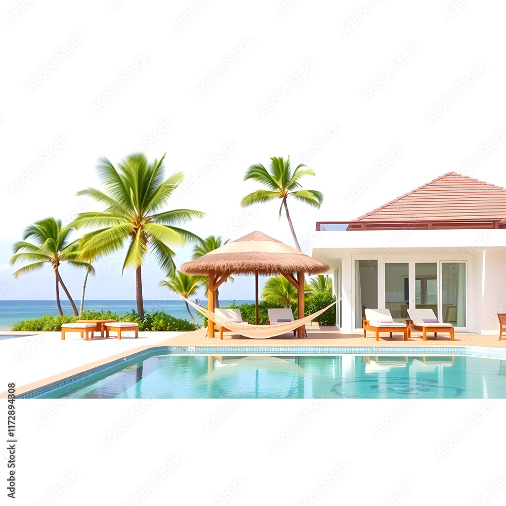 Fototapeta premium Vacation luxury resort with a swimming pool hammock and umbrellas on white background