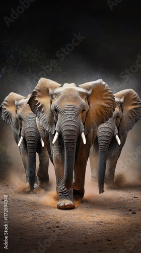 A captivating scene featuring three elephants marching forward, showcasing their grandeur and presence amid a dust-filled environment.