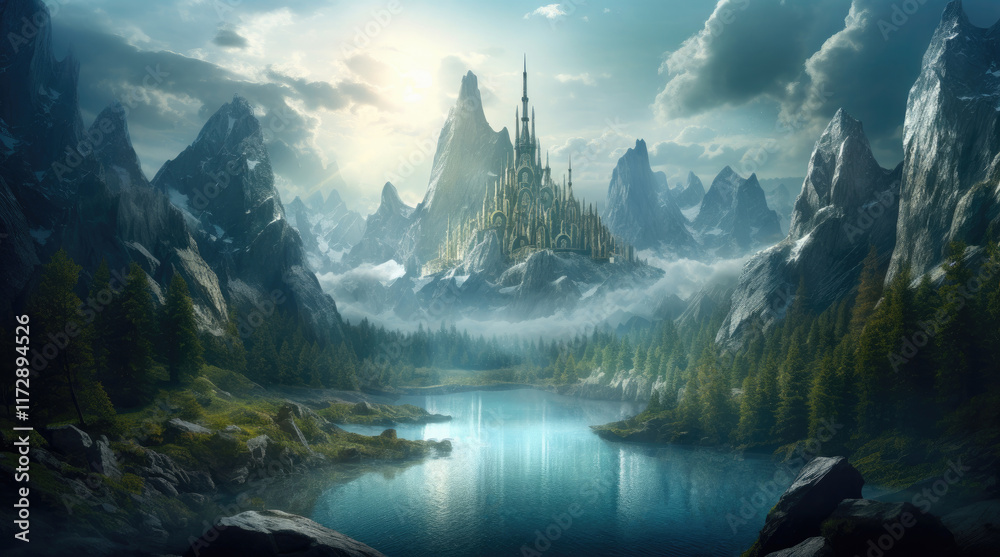 A view of a mysterious building by a lake