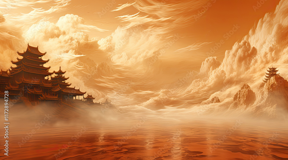 A view of an ancient Chinese building with a sandstorm