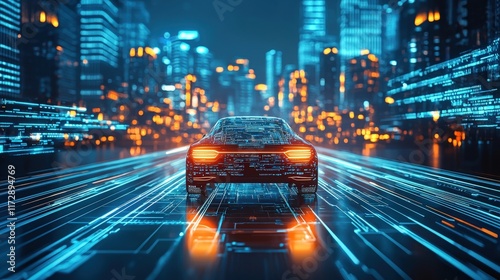 A futuristic car drives through a city illuminated by vibrant blue lights, symbolizing speed and advanced technology in a digital landscape. photo