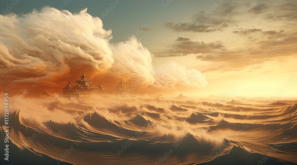 A view of an ancient Chinese building with a sandstorm