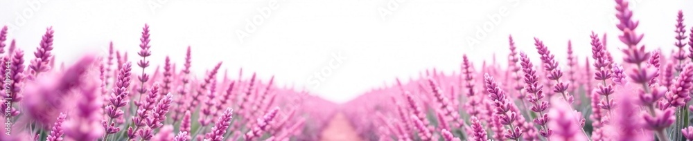 Obraz premium Pastel pink lavender fields against a white background, soft colors, nature, pink flowers