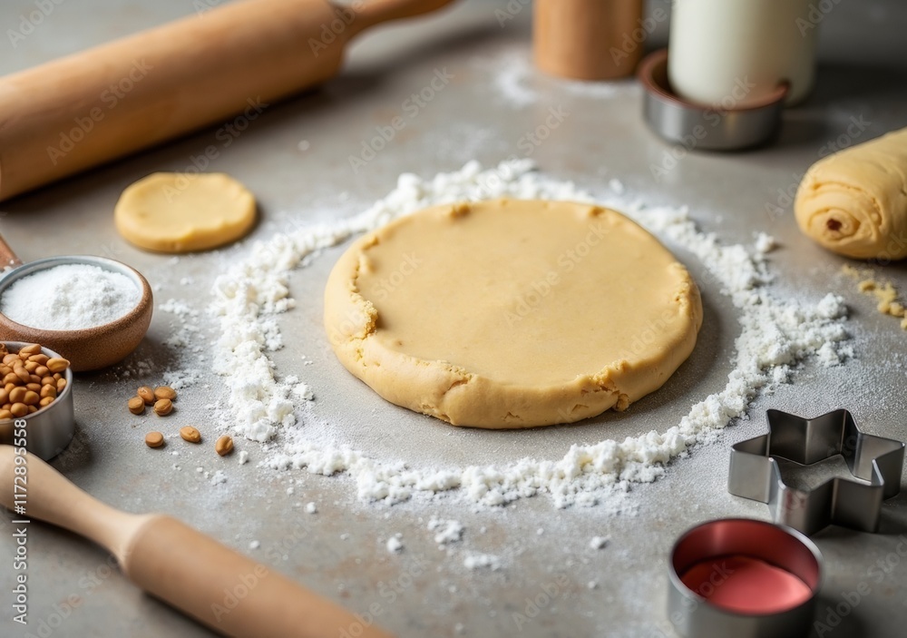 Preparing dough for baking in a kitchen with various utensils and ingredients Preparing dough for baking in a kitchen with various utensils and ingredients