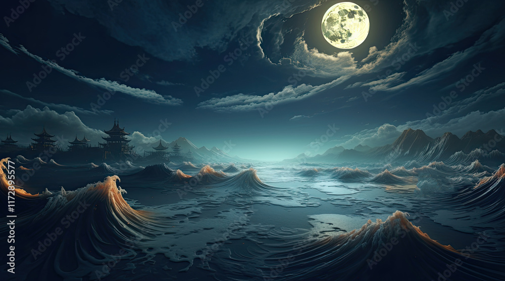 A view of ancient Chinese buildings, waves, and the moon at night