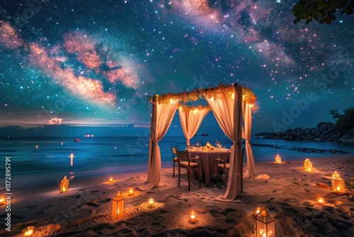 Fototapeta Naklejka Na Ścianę i Meble -  Amazing beach dinner setting under Milky Ways night sky. Luxury destination dining, honeymoon or anniversary dinner, flowers, and candles for the best romantic experience. MZ