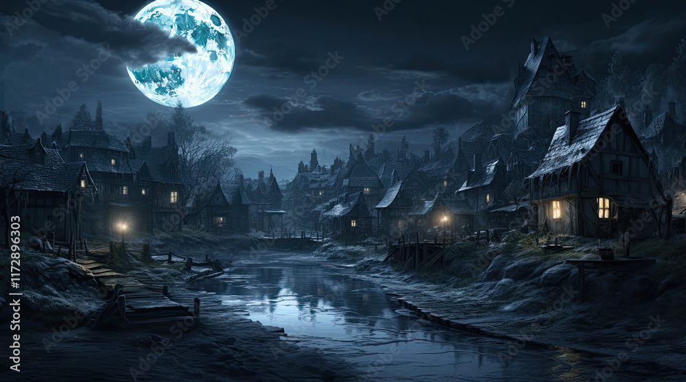 A view of houses in the countryside with the moon at night