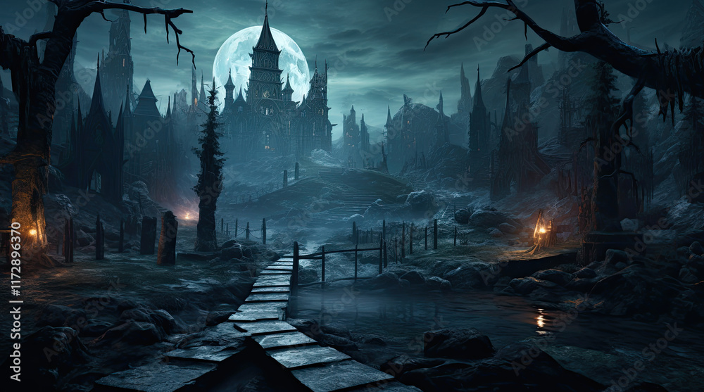 A view of a mysterious building with the moon at night