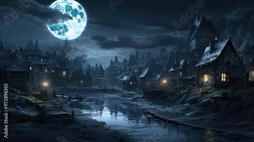 Obraz na płótnie A view of houses in the countryside with the moon at night w salonie
