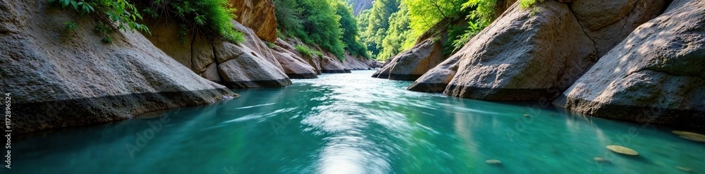 Softly flowing water in serene canyon surroundings, water, tranquility Softly flowing water in serene canyon surroundings, water, tranquility