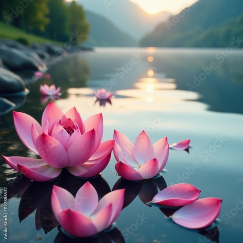 Soft pink petals unfolding on a serene lake shore, landscape, serene, water photo