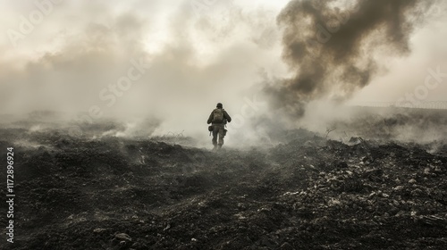 The brutality of war is a tough one to illustrate. This illustration depicts a soldier with a heavy uniform walking though a thick layer of fog and smoke. photo