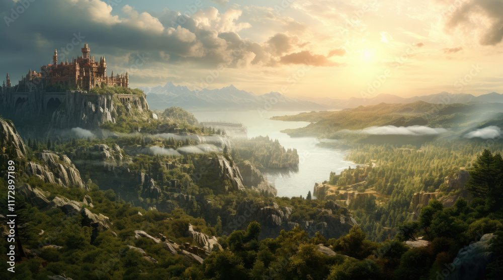 A natural landscape view with an ancient building, forest, and mountains in the afternoon