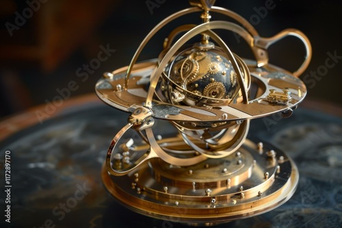 Intricate armillary sphere made of brass and steel showcasing craftsmanship and precision photo