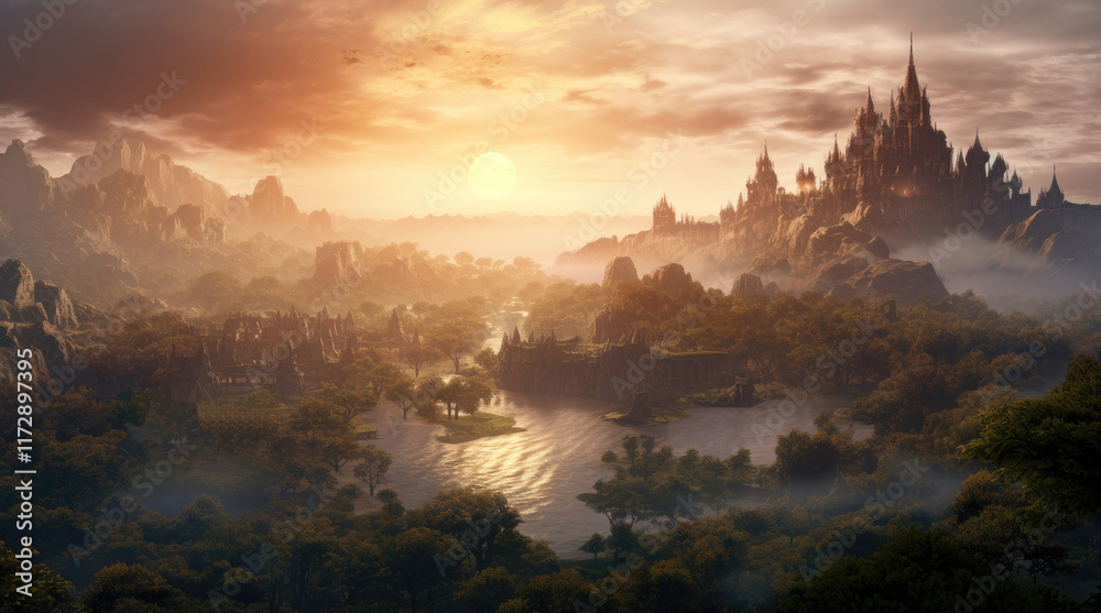 A natural landscape view with an ancient building, a small river, and a forest in the morning