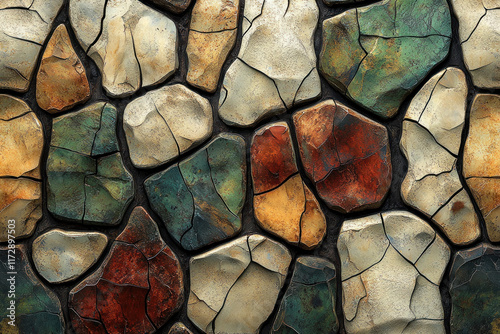 Colorful cracked rocks wall background texture, exterior design photo