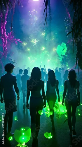 Silhouetted Crowd at a Tropical Rave with Fireworks and Vibrant Lights, vertical video