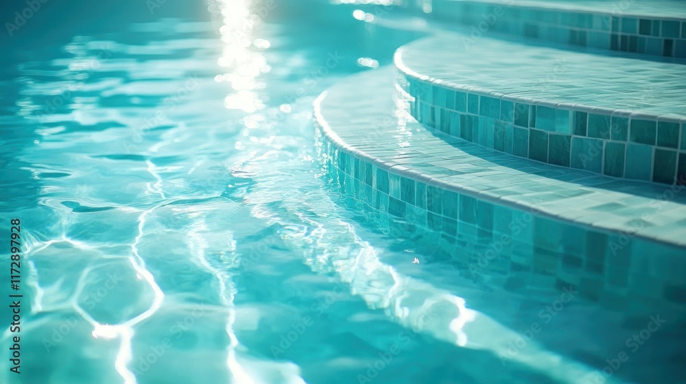 Curved Tiled Steps Leading into a Sparkling Swimming Pool Water Curved Tiled Steps Leading into a Sparkling Swimming Pool Water