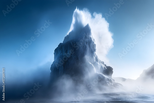 Majestic Eruption: A Geyser Showcases Nature's Elemental Force Amid a Serene Landscape