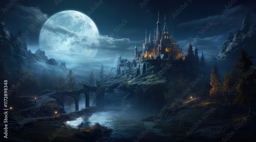 A view of ancient building, a river, and a supermoon at night