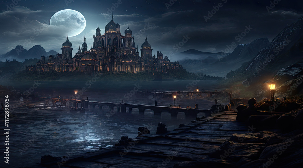 A view of ancient building, a river, and a moon at night
