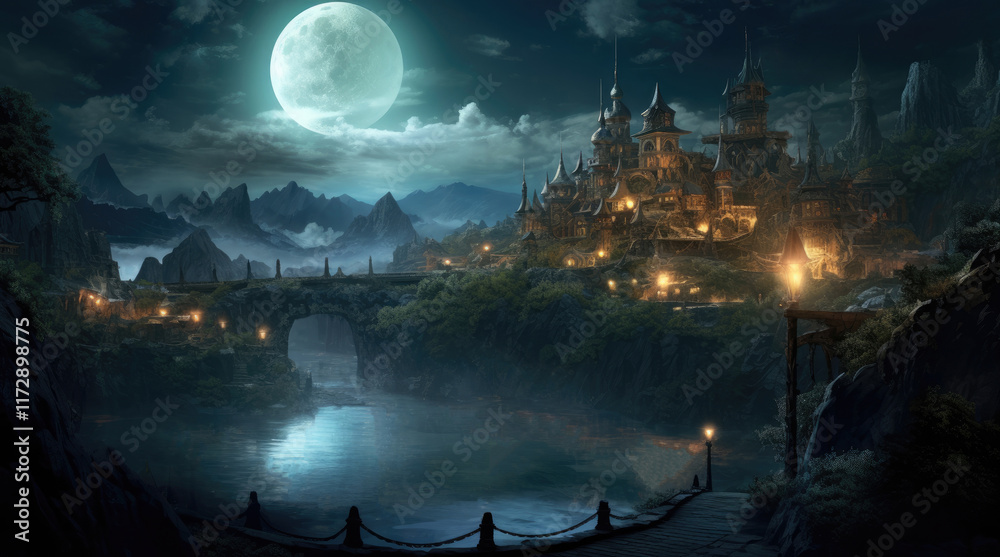 A view of ancient building, a river, and a supermoon at night