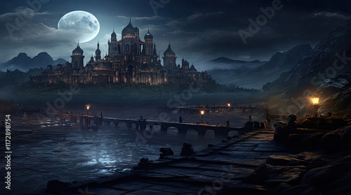 Obraz na płótnie A view of ancient building, a river, and a moon at night w salonie