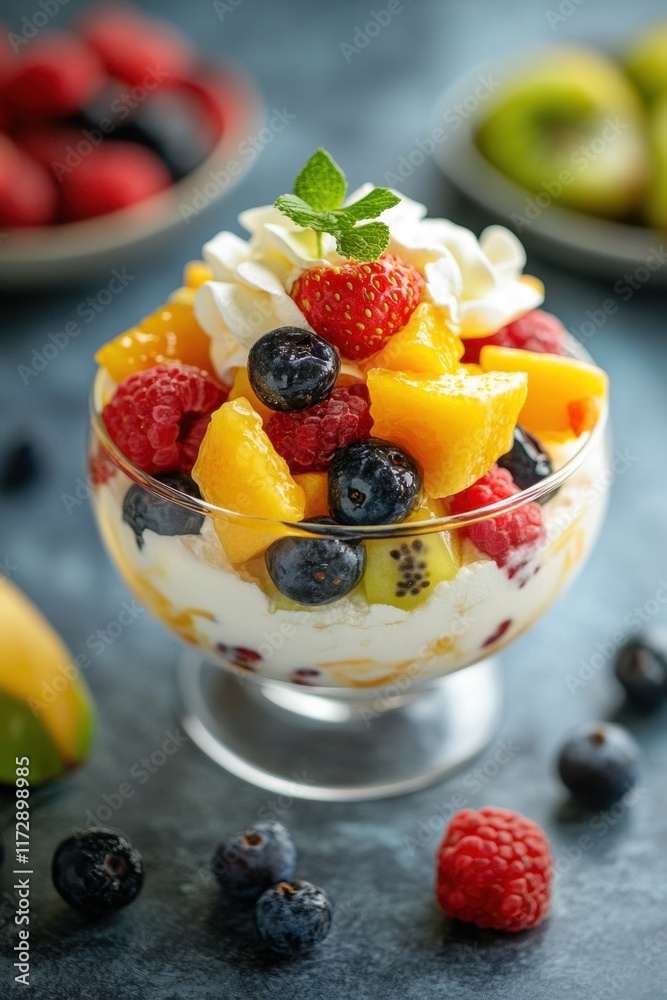 Delightful bowl of mixed fruits and berries topped with cream, showcasing vibrant colors and tropical flavors Delightful bowl of mixed fruits and berries topped with cream, showcasing vibrant colors and tropical flavors