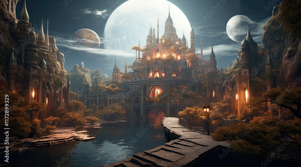 A view of a building with giant planets in the sky
