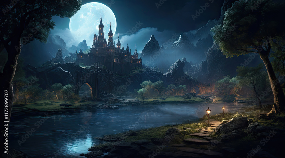A view of an ancient building, a river, towering rocks, and a supermoon at night