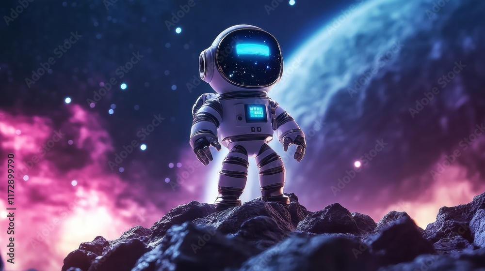 A futuristic astronaut robot standing on a rocky alien planet under a glowing galaxy A futuristic astronaut robot standing on a rocky alien planet under a glowing galaxy