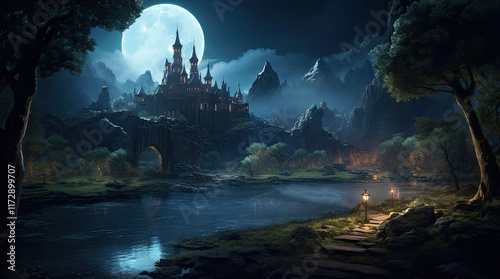 Obraz na płótnie A view of an ancient building, a river, towering rocks, and a supermoon at night w salonie