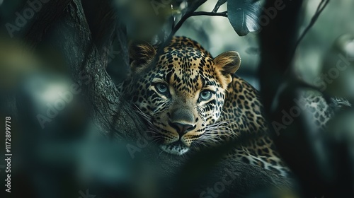 Majestic leopard peers through dense foliage, showcasing strikin photo