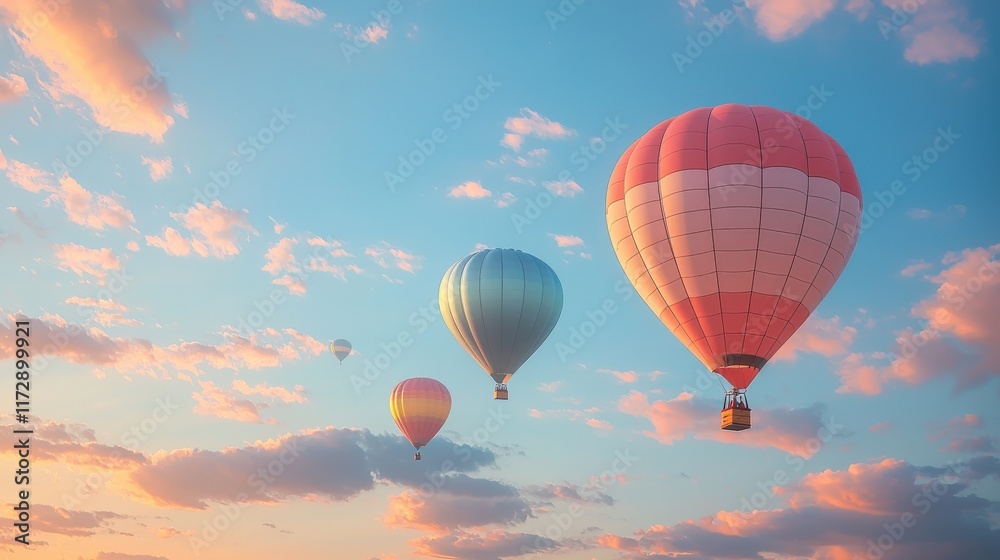Obraz premium Three colorful hot air balloons floating in a pastel sky at sunset, surrounded by fluffy clouds.