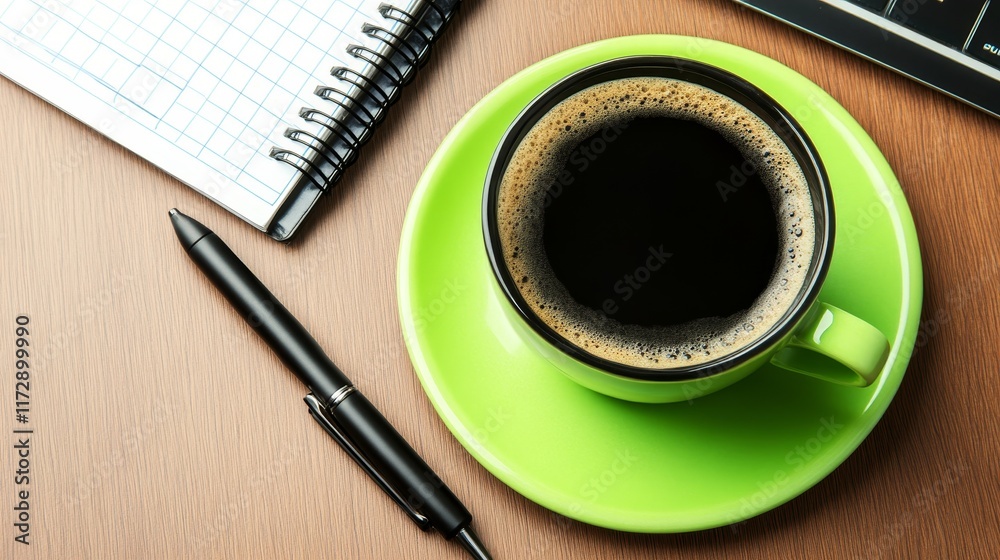 A cup of black coffee on a wooden desk with a notepad and pen. A cup of black coffee on a wooden desk with a notepad and pen.