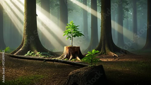 Young Sapling Growing from a Tree Stump in a Dense Forest with Sunlight Streaming Through the Canopy

 photo