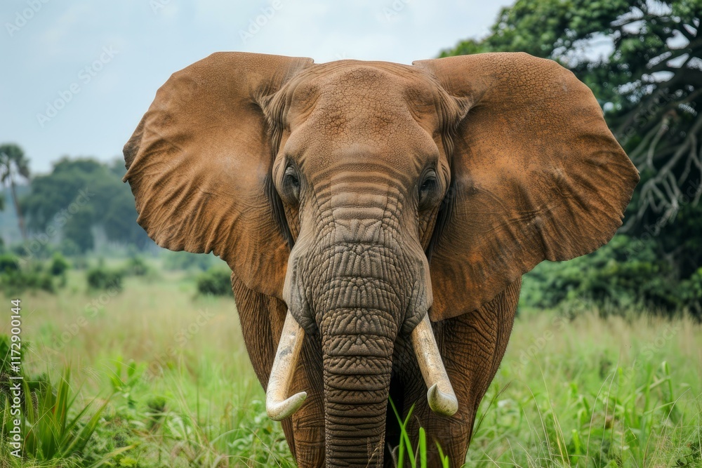 Fototapeta premium Large african elephant is standing in tall grass, looking ahead