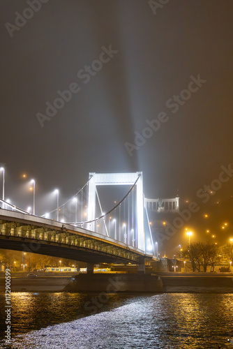 Budapest, Hungary - Elisabeth Bridge seen from a ship below in foggy winter night photo